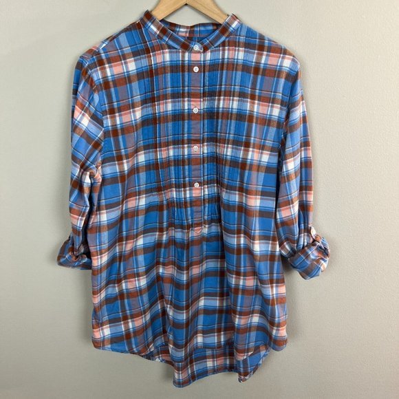 Lands End Flannel Shirt 14 Women Plaid Orange Blue Popover‎ Long Roll Tab Sleeve - Picture 7 of 11